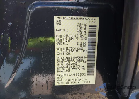 2012 Nissan Frontier Sv from USA, damaged, VIN 1N6AD0ER8CC456831